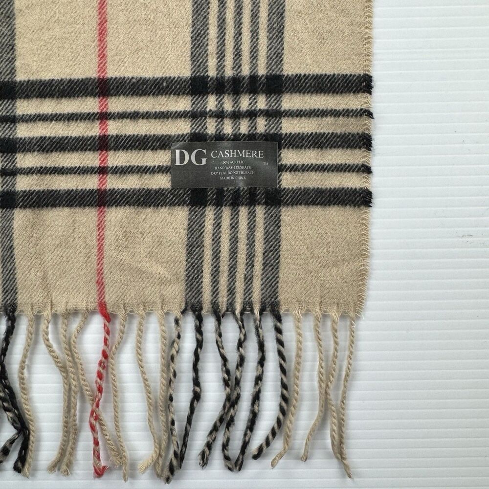DG Cashmere Plaid Scarf Beige Check Fringe Soft Acrylic Classic Luxury Heritage - Picture 2 of 7